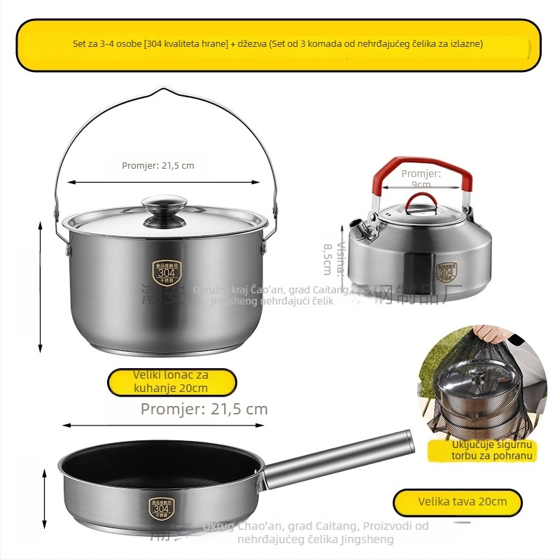 Prijenosni set posuđa za kampiranje od 304 nehrđajućeg čelika — 3 dijela: lonac, viseći lonac i tava, Model 16/20, 0,5 kg, za 3–5 osoba