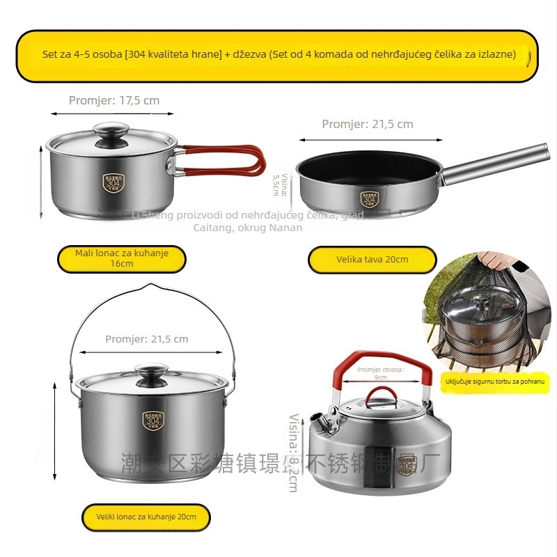 Prijenosni set posuđa za kampiranje od 304 nehrđajućeg čelika — 3 dijela: lonac, viseći lonac i tava, Model 16/20, 0,5 kg, za 3–5 osoba