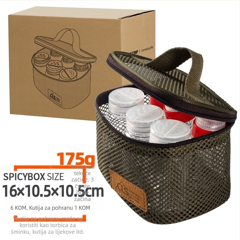 Mini set posuda za začine za kampiranje – prijenosno, izolirano, otporno na vjetar, s filtrima, 6-dijelni set (plastika, 200 g, za 3–5 osoba)