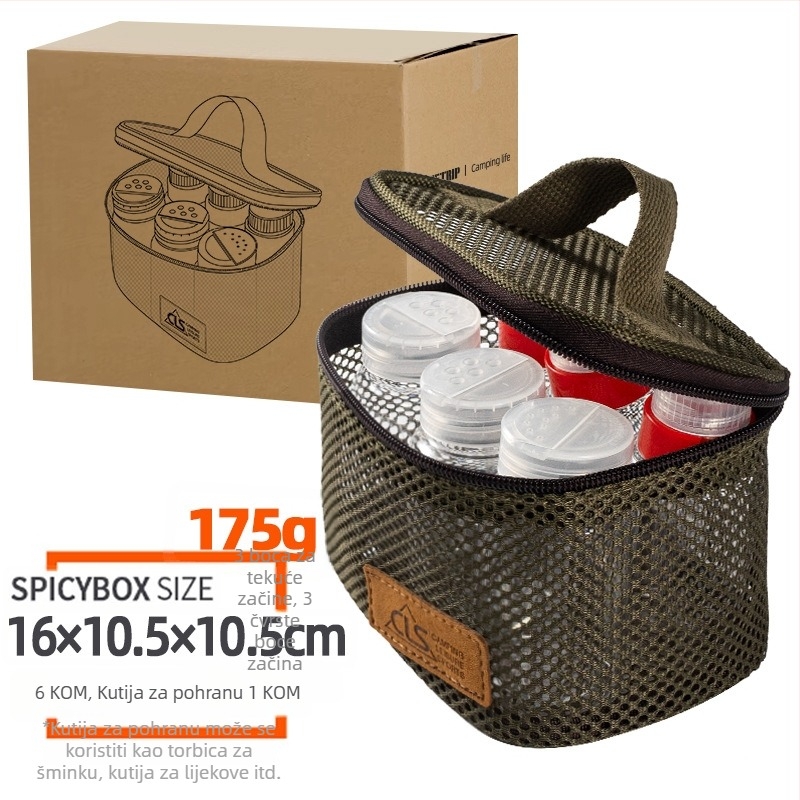 Mini set posuda za začine za kampiranje – prijenosno, izolirano, otporno na vjetar, s filtrima, 6-dijelni set (plastika, 200 g, za 3–5 osoba)