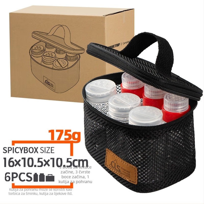 Mini set posuda za začine za kampiranje – prijenosno, izolirano, otporno na vjetar, s filtrima, 6-dijelni set (plastika, 200 g, za 3–5 osoba)
