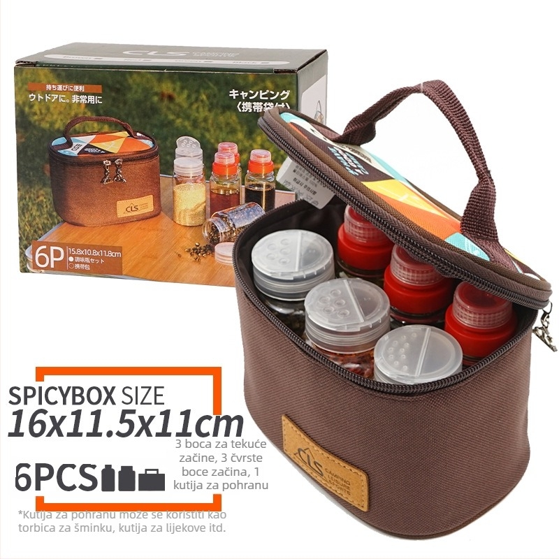 Mini set posuda za začine za kampiranje – prijenosno, izolirano, otporno na vjetar, s filtrima, 6-dijelni set (plastika, 200 g, za 3–5 osoba)
