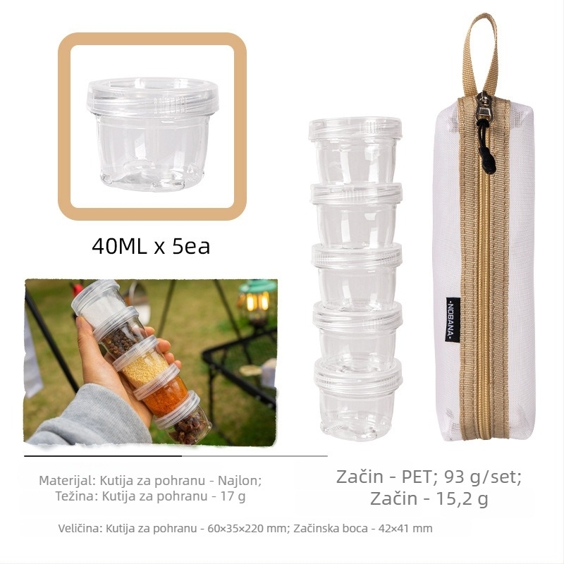 Mini set posuda za začine za kampiranje – prijenosno, izolirano, otporno na vjetar, s filtrima, 6-dijelni set (plastika, 200 g, za 3–5 osoba)