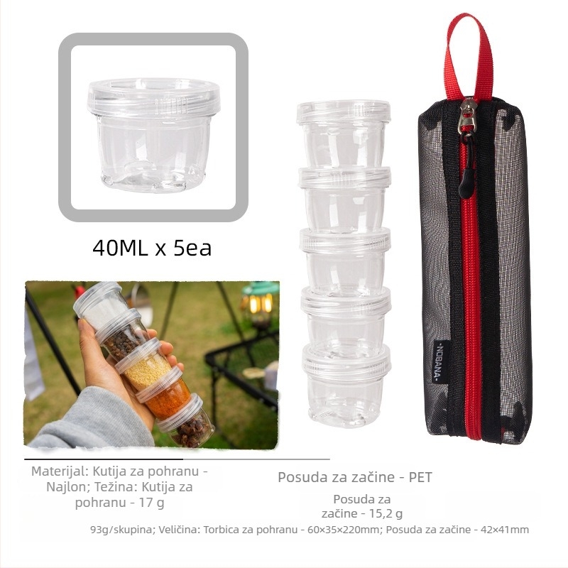 Mini set posuda za začine za kampiranje – prijenosno, izolirano, otporno na vjetar, s filtrima, 6-dijelni set (plastika, 200 g, za 3–5 osoba)