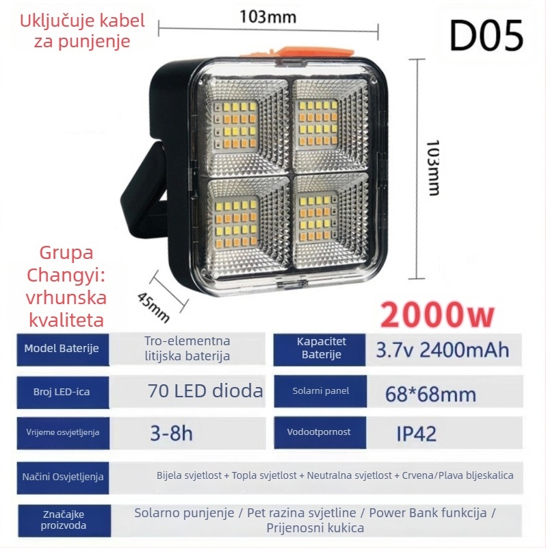Kamp LED svjetlo s solarnim napajanjem, prijenosno, punjivo, nužno osvjetljenje, 5V, 3000, ručni prekidač