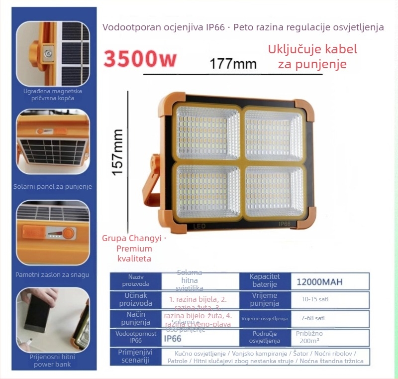 Kamp LED svjetlo s solarnim napajanjem, prijenosno, punjivo, nužno osvjetljenje, 5V, 3000, ručni prekidač