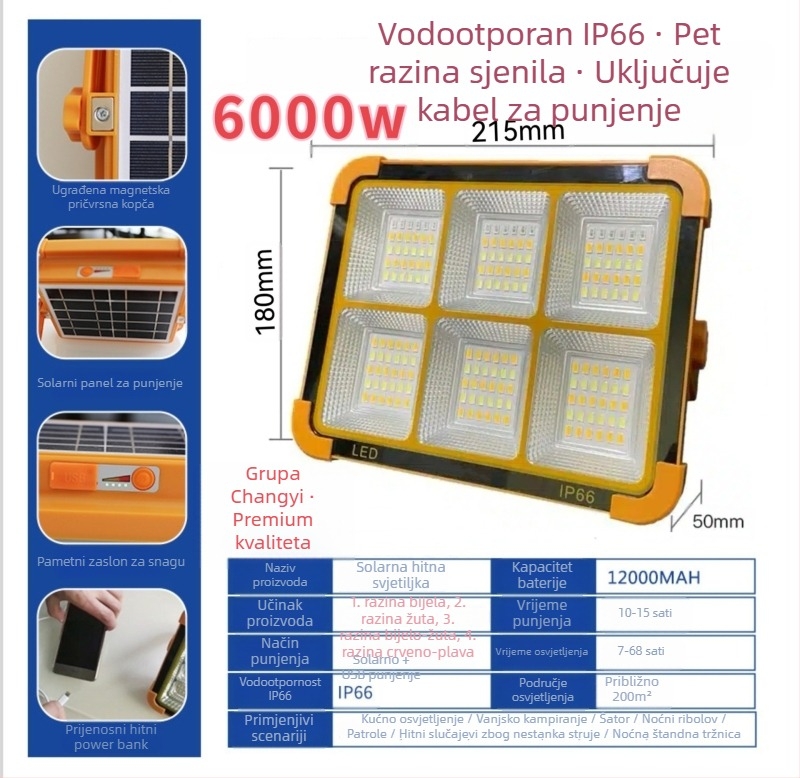 Kamp LED svjetlo s solarnim napajanjem, prijenosno, punjivo, nužno osvjetljenje, 5V, 3000, ručni prekidač