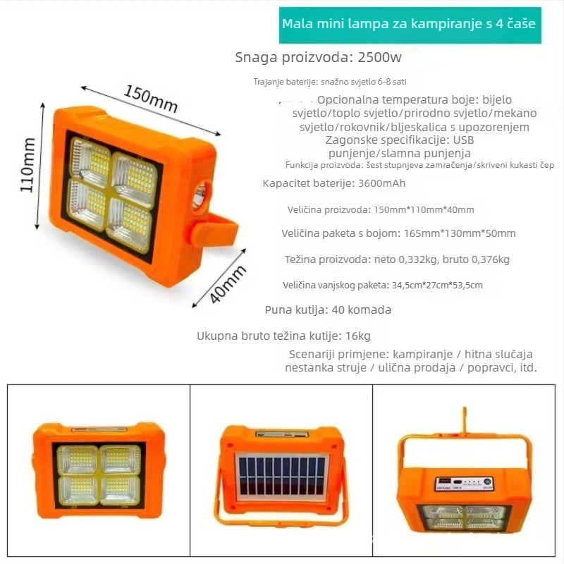Kamp LED svjetlo s solarnim napajanjem, prijenosno, punjivo, nužno osvjetljenje, 5V, 3000, ručni prekidač