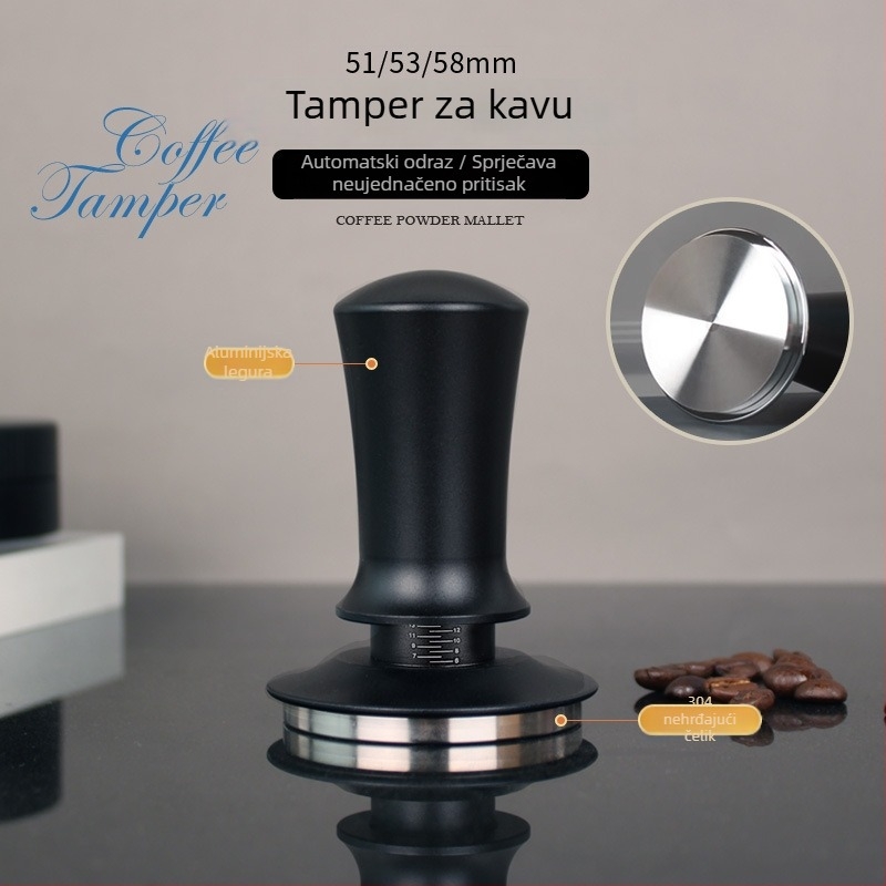 Espresso tampor sa skalom i uravnoteženom ručkom, elastični mehanizam za pritisk, povratna sila s konstantnom snagom; konstrukcija od aluminijske legure i 304 nehrđajućeg čelika, modernog jednostavnog dizajna