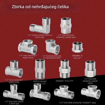 Fitingi od nehrđajućeg čelika za vodovodne cijevi: T priključak, zavoj, muški-ženski navoj, ravni konektor, komplet od 4 dijela