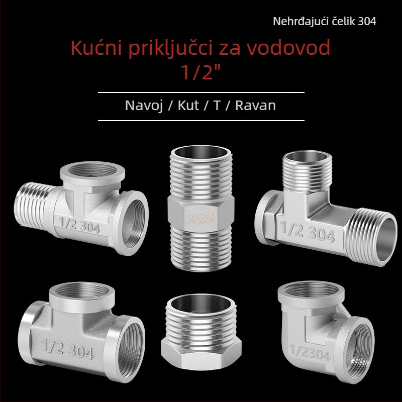 Fitingi od nehrđajućeg čelika za vodovodne cijevi: T priključak, zavoj, muški-ženski navoj, ravni konektor, komplet od 4 dijela