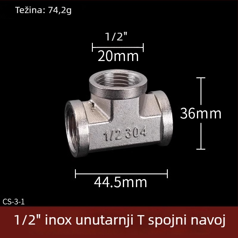 Fitingi od nehrđajućeg čelika za vodovodne cijevi: T priključak, zavoj, muški-ženski navoj, ravni konektor, komplet od 4 dijela