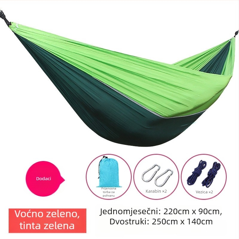 Hamak od platna za padobran, za vanjsku upotrebu, lagan i prozračan, dvostrani hamak; 210T najlon, nosivost 300, težina 600 g