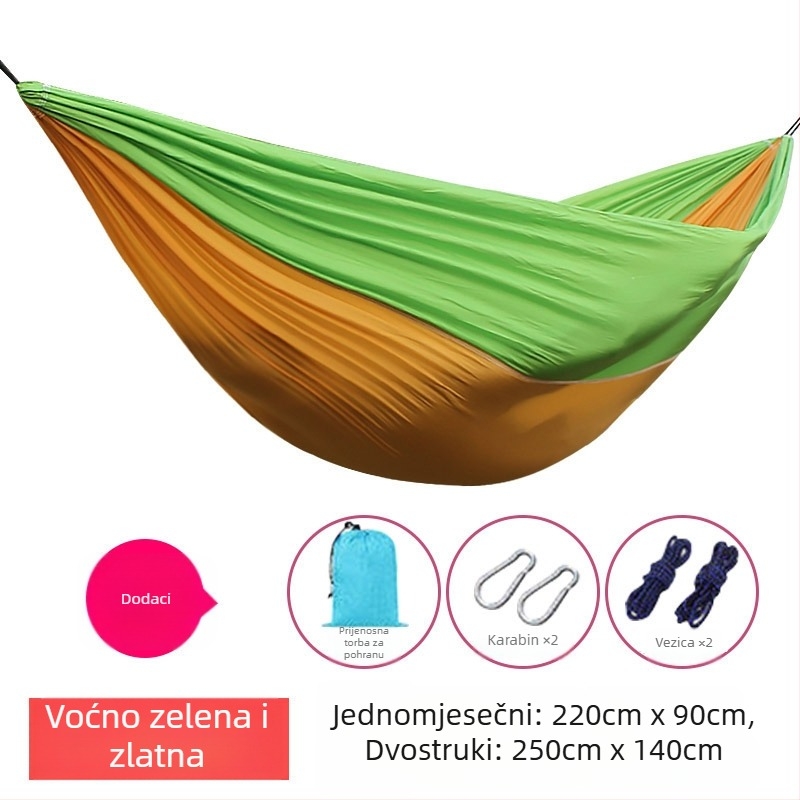 Hamak od platna za padobran, za vanjsku upotrebu, lagan i prozračan, dvostrani hamak; 210T najlon, nosivost 300, težina 600 g