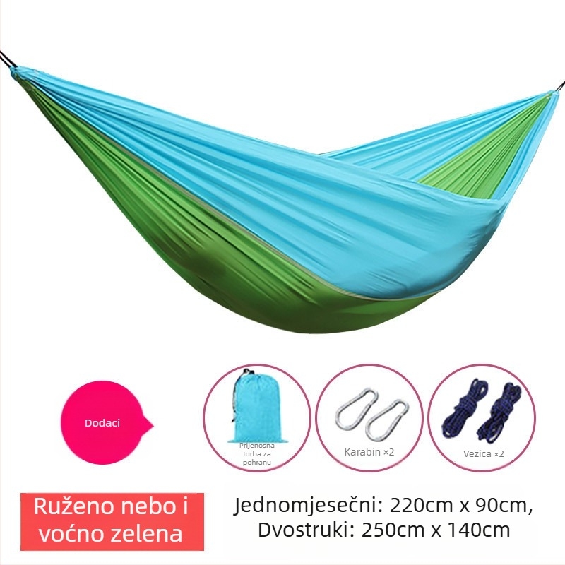 Hamak od platna za padobran, za vanjsku upotrebu, lagan i prozračan, dvostrani hamak; 210T najlon, nosivost 300, težina 600 g