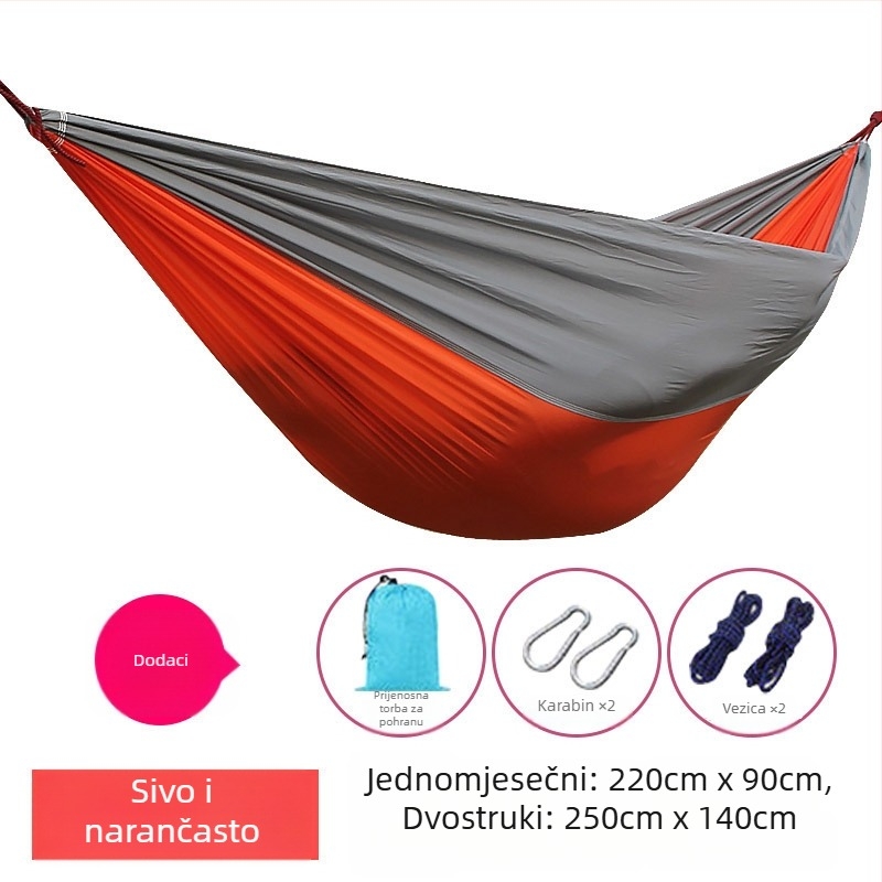 Hamak od platna za padobran, za vanjsku upotrebu, lagan i prozračan, dvostrani hamak; 210T najlon, nosivost 300, težina 600 g