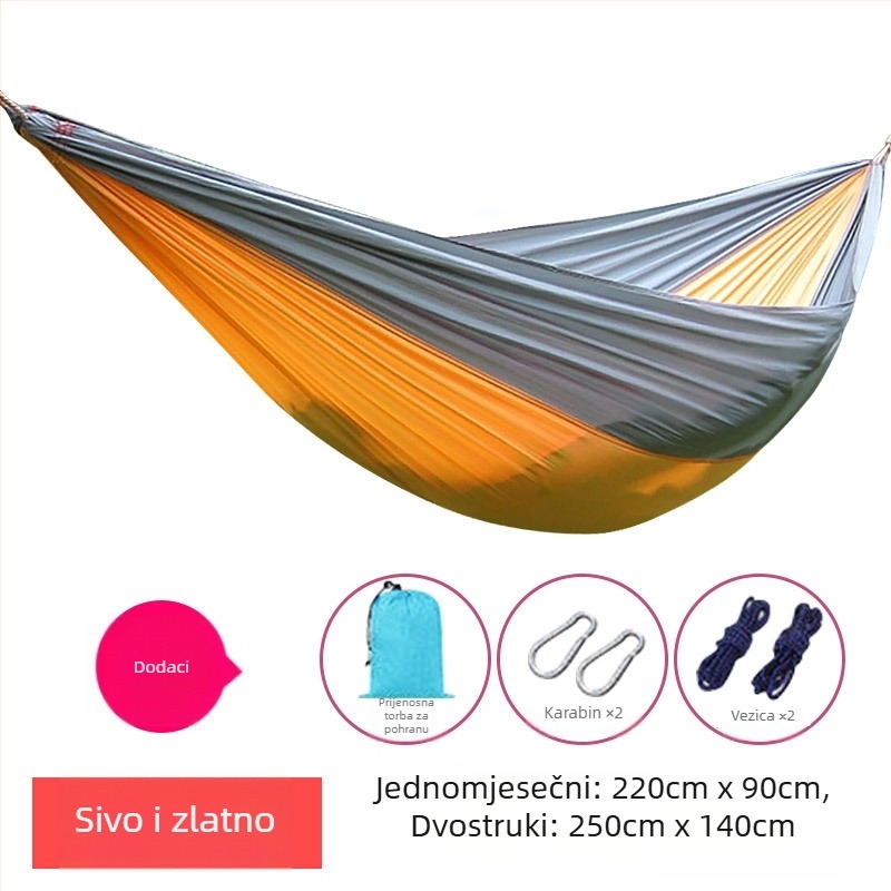 Hamak od platna za padobran, za vanjsku upotrebu, lagan i prozračan, dvostrani hamak; 210T najlon, nosivost 300, težina 600 g