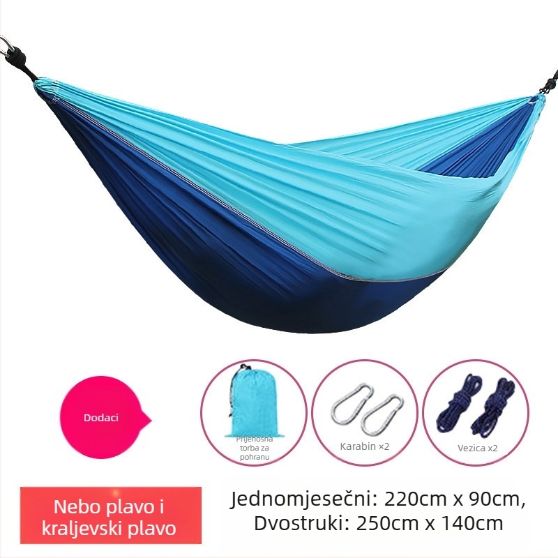 Hamak od platna za padobran, za vanjsku upotrebu, lagan i prozračan, dvostrani hamak; 210T najlon, nosivost 300, težina 600 g