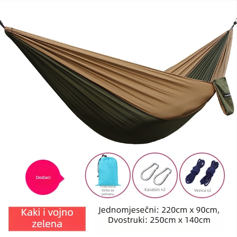 Hamak od platna za padobran, za vanjsku upotrebu, lagan i prozračan, dvostrani hamak; 210T najlon, nosivost 300, težina 600 g