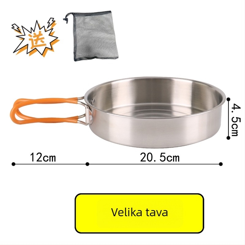 XLHW-156 Prijenosni set posuđa za kampiranje od nehrđajućeg čelika, s tavom, loncem i čajnikom za 3–7 osoba (stil matrjoška)