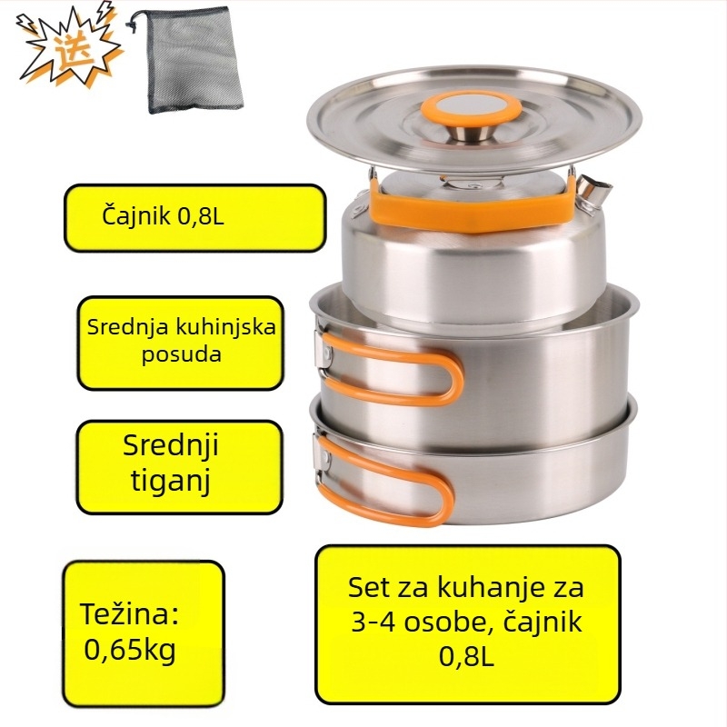 XLHW-156 Prijenosni set posuđa za kampiranje od nehrđajućeg čelika, s tavom, loncem i čajnikom za 3–7 osoba (stil matrjoška)