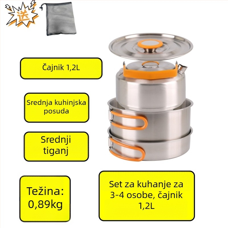 XLHW-156 Prijenosni set posuđa za kampiranje od nehrđajućeg čelika, s tavom, loncem i čajnikom za 3–7 osoba (stil matrjoška)