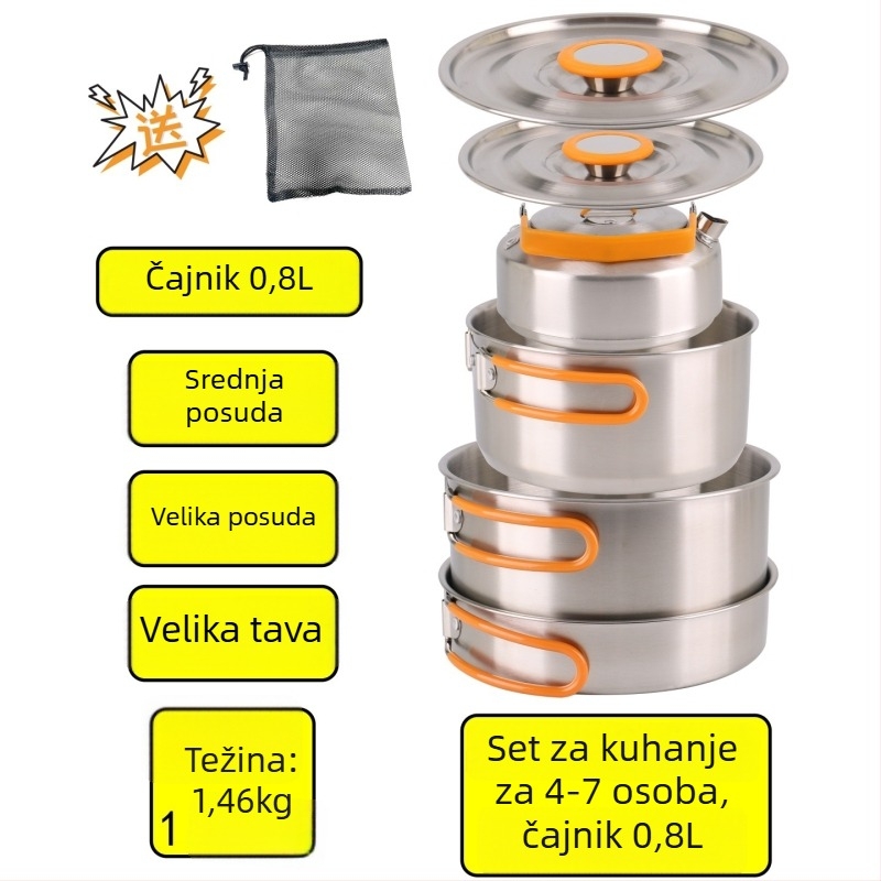 XLHW-156 Prijenosni set posuđa za kampiranje od nehrđajućeg čelika, s tavom, loncem i čajnikom za 3–7 osoba (stil matrjoška)