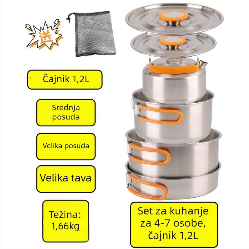 XLHW-156 Prijenosni set posuđa za kampiranje od nehrđajućeg čelika, s tavom, loncem i čajnikom za 3–7 osoba (stil matrjoška)