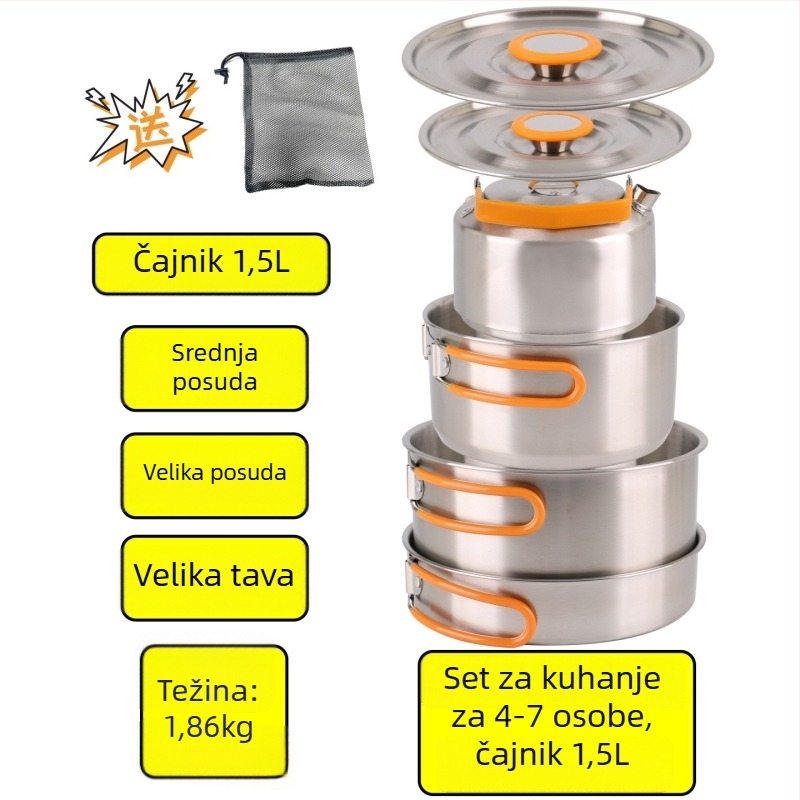 XLHW-156 Prijenosni set posuđa za kampiranje od nehrđajućeg čelika, s tavom, loncem i čajnikom za 3–7 osoba (stil matrjoška)