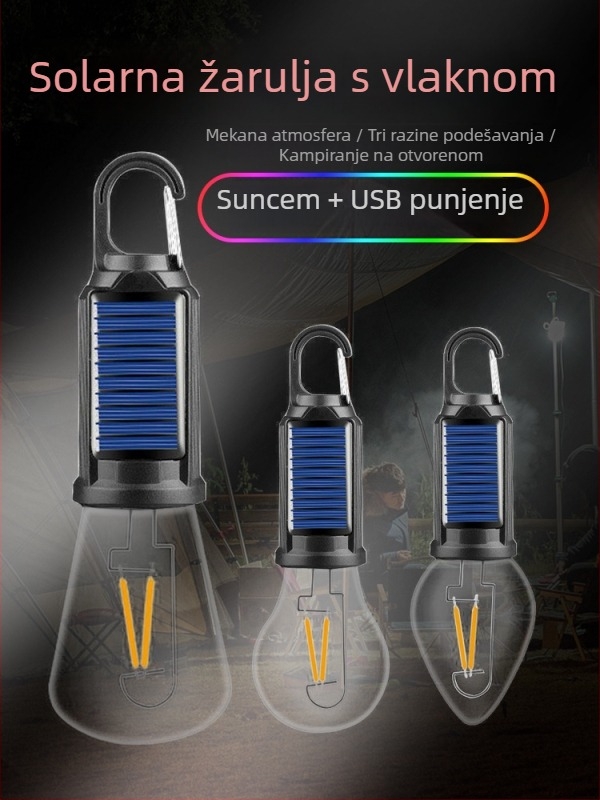 LED kamping lampu, solarno napajanje, 3.7V, 1W, prijenosna, gumb prekidač