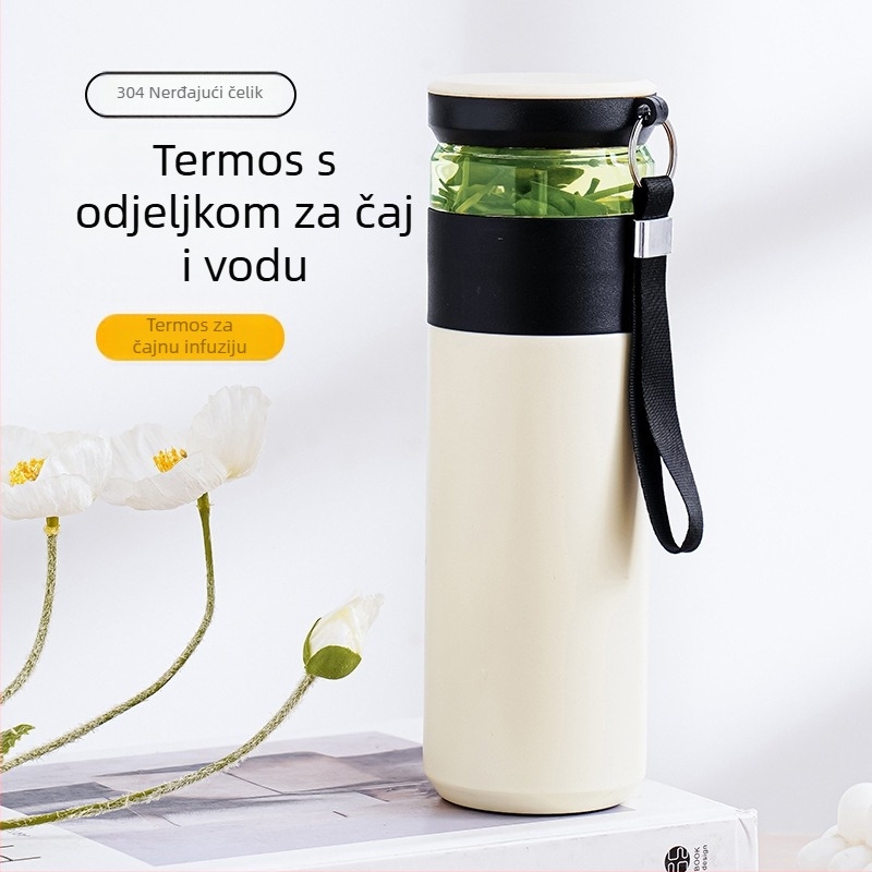 Termos za čaj s dijeljenjem, unutarnji spremnik od 304 nehrđajućeg čelika, vanjski omot od 201 nehrđajućeg čelika, izolacija 6–12 sati, prijenosno za ured i auto
