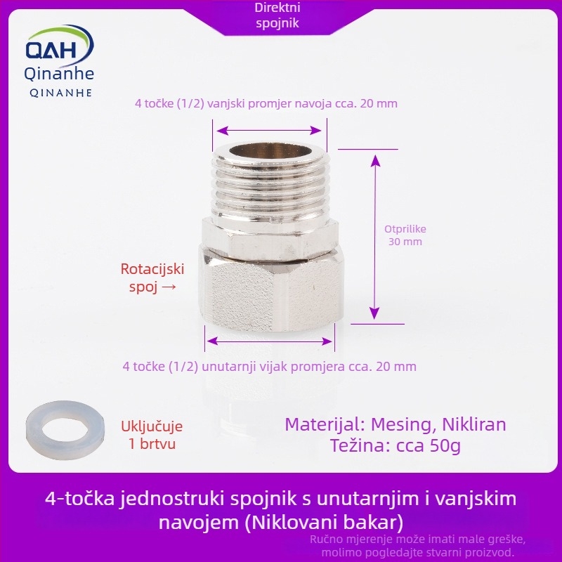 Bakreni spoj 4–6, s unutarnjim i vanjskim navojem, za bojler i filtre vode