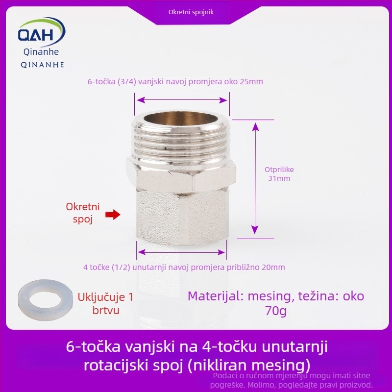 Bakreni spoj 4–6, s unutarnjim i vanjskim navojem, za bojler i filtre vode