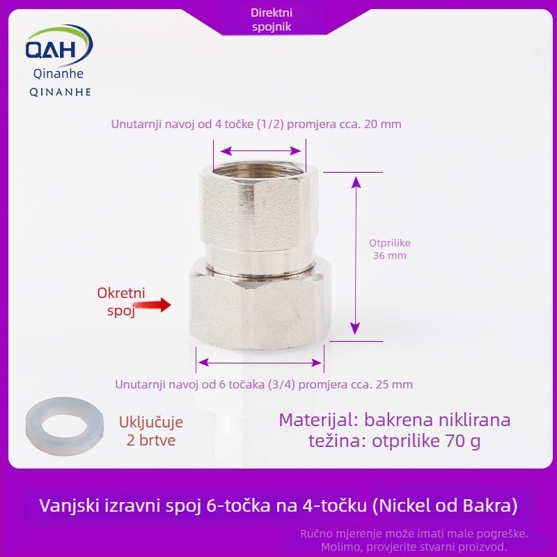 Bakreni spoj 4–6, s unutarnjim i vanjskim navojem, za bojler i filtre vode