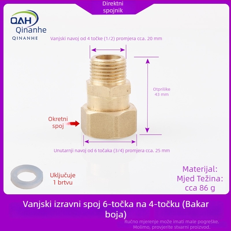 Bakreni spoj 4–6, s unutarnjim i vanjskim navojem, za bojler i filtre vode