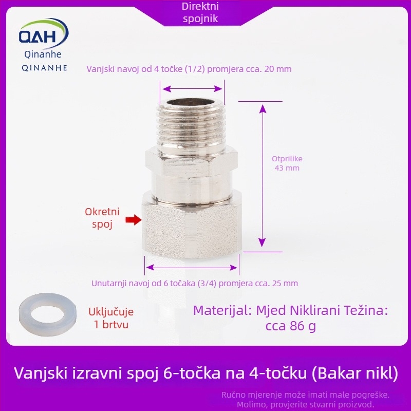 Bakreni spoj 4–6, s unutarnjim i vanjskim navojem, za bojler i filtre vode