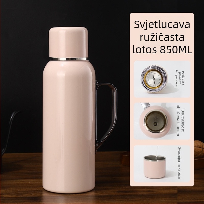 Izolirana šalica s prikazom temperature, unutarnja obloga od čistog titana, vanjski omotač od titanij-zlata, izolacija 6–12 sati