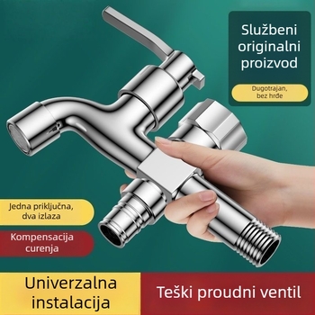 Slavina za perilicu s dvostrukim izlazom, bakarno-legura, keramički disk ventila, elektroplatirani završni sloj, montaža gumbom