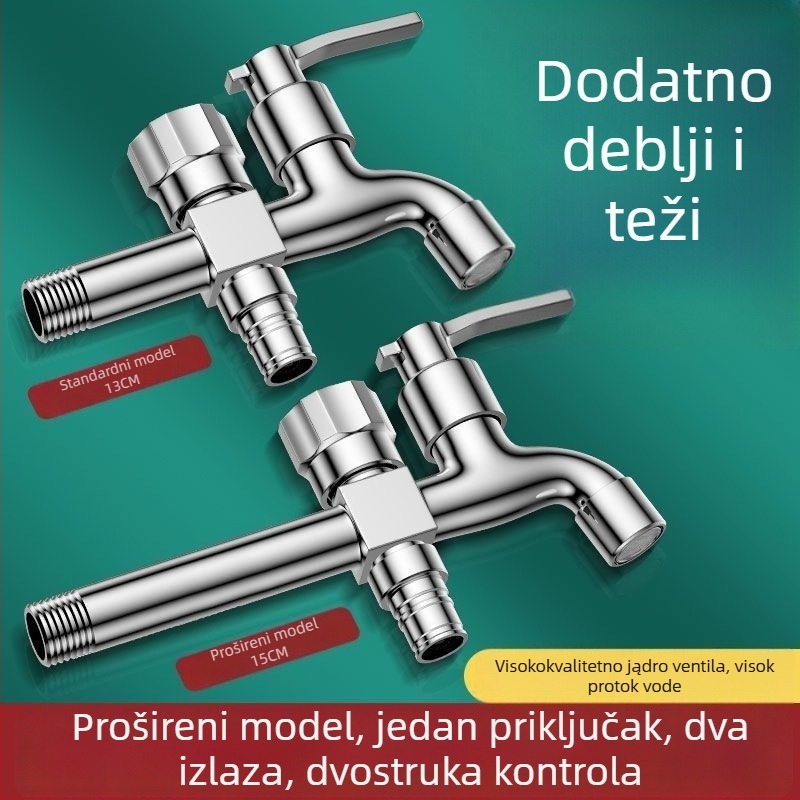 Slavina za perilicu s dvostrukim izlazom, bakarno-legura, keramički disk ventila, elektroplatirani završni sloj, montaža gumbom
