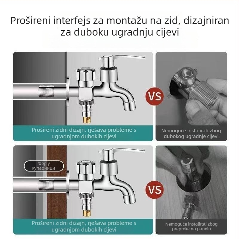 Slavina za perilicu s dvostrukim izlazom, bakarno-legura, keramički disk ventila, elektroplatirani završni sloj, montaža gumbom