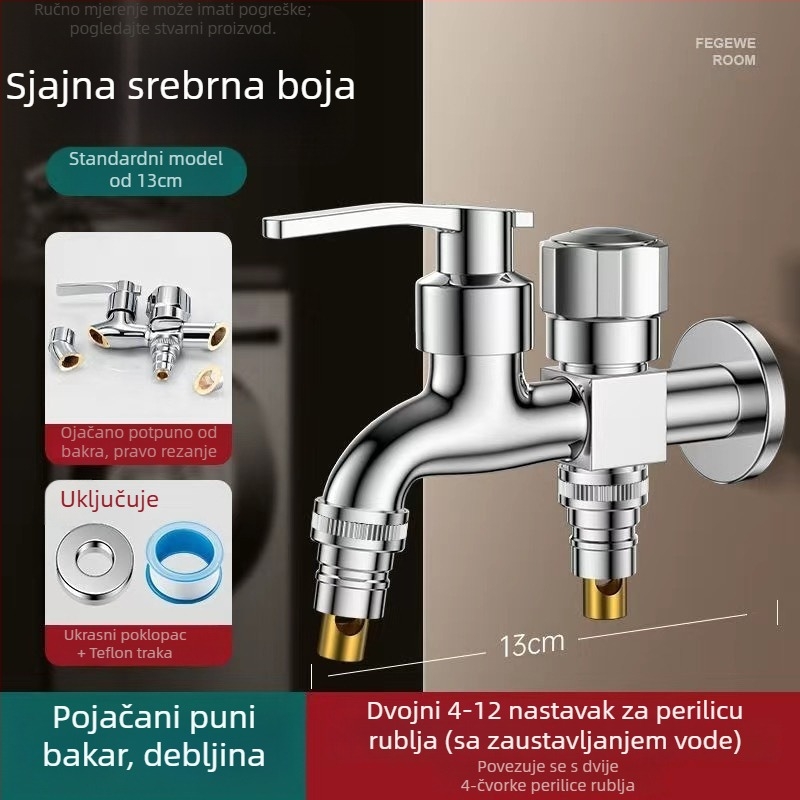 Slavina za perilicu s dvostrukim izlazom, bakarno-legura, keramički disk ventila, elektroplatirani završni sloj, montaža gumbom