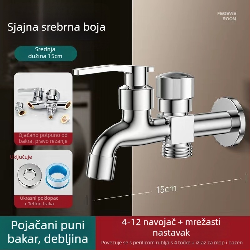 Slavina za perilicu s dvostrukim izlazom, bakarno-legura, keramički disk ventila, elektroplatirani završni sloj, montaža gumbom