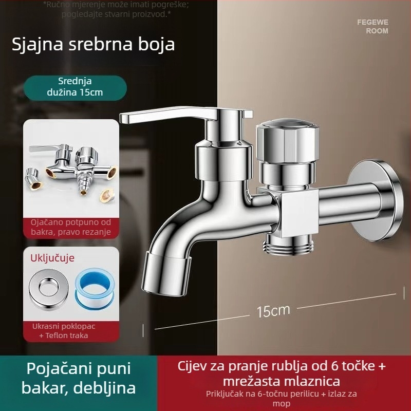 Slavina za perilicu s dvostrukim izlazom, bakarno-legura, keramički disk ventila, elektroplatirani završni sloj, montaža gumbom