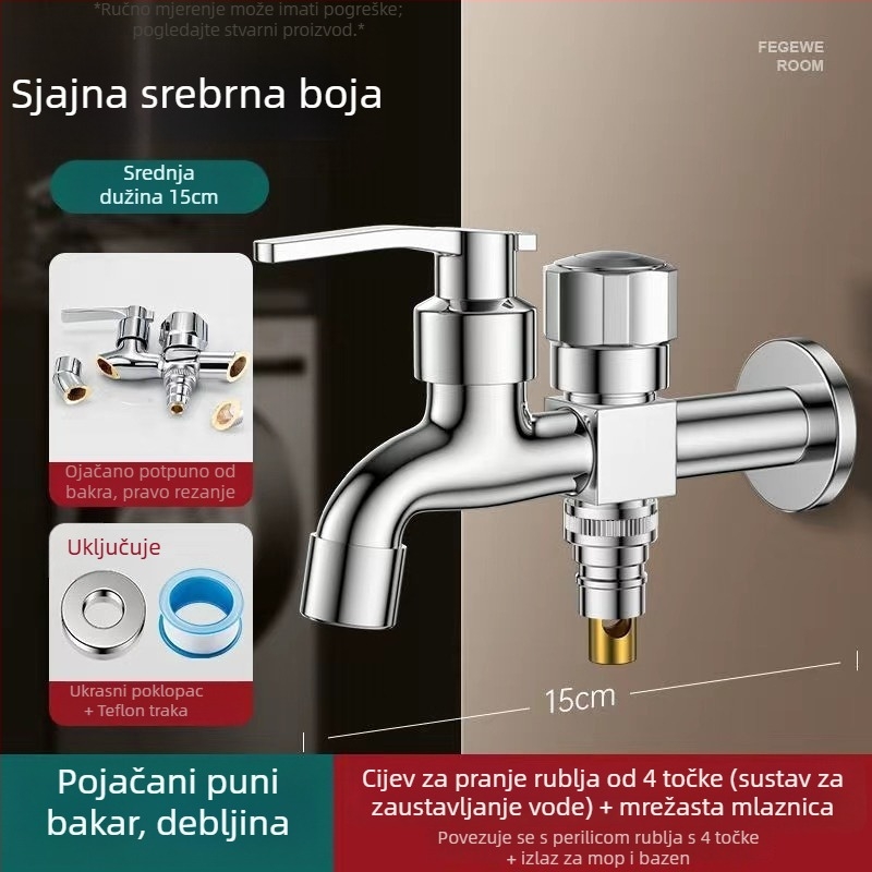 Slavina za perilicu s dvostrukim izlazom, bakarno-legura, keramički disk ventila, elektroplatirani završni sloj, montaža gumbom