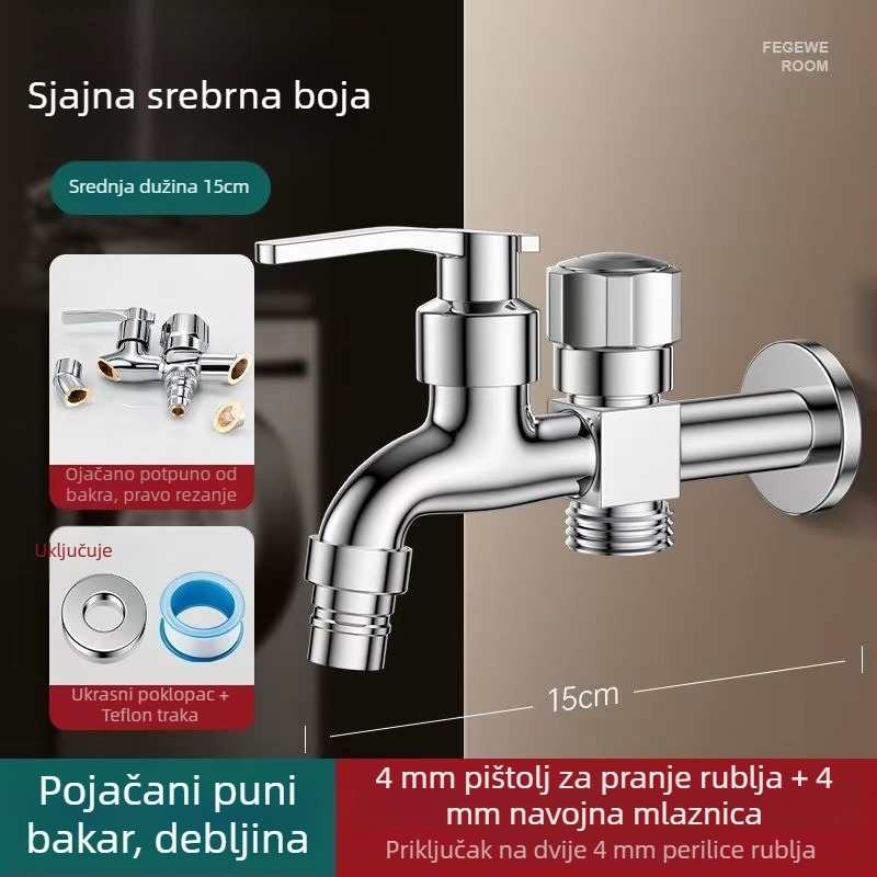 Slavina za perilicu s dvostrukim izlazom, bakarno-legura, keramički disk ventila, elektroplatirani završni sloj, montaža gumbom