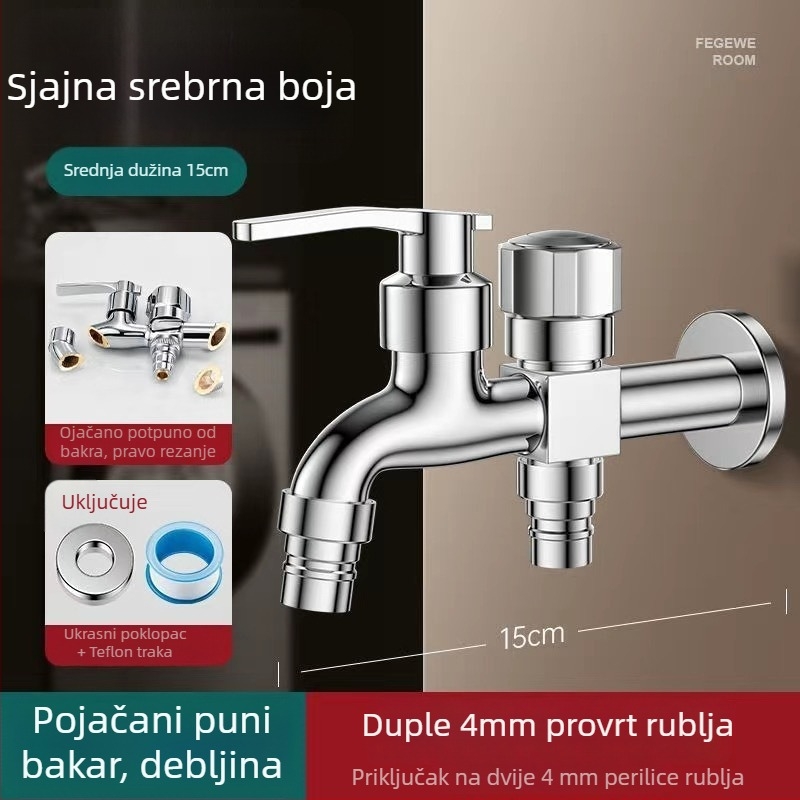 Slavina za perilicu s dvostrukim izlazom, bakarno-legura, keramički disk ventila, elektroplatirani završni sloj, montaža gumbom