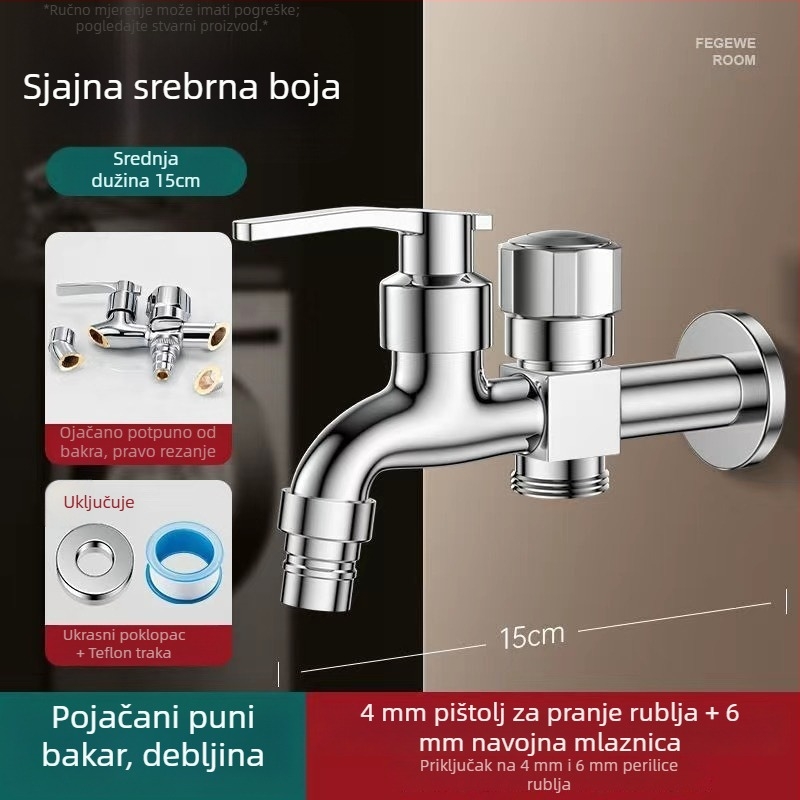 Slavina za perilicu s dvostrukim izlazom, bakarno-legura, keramički disk ventila, elektroplatirani završni sloj, montaža gumbom