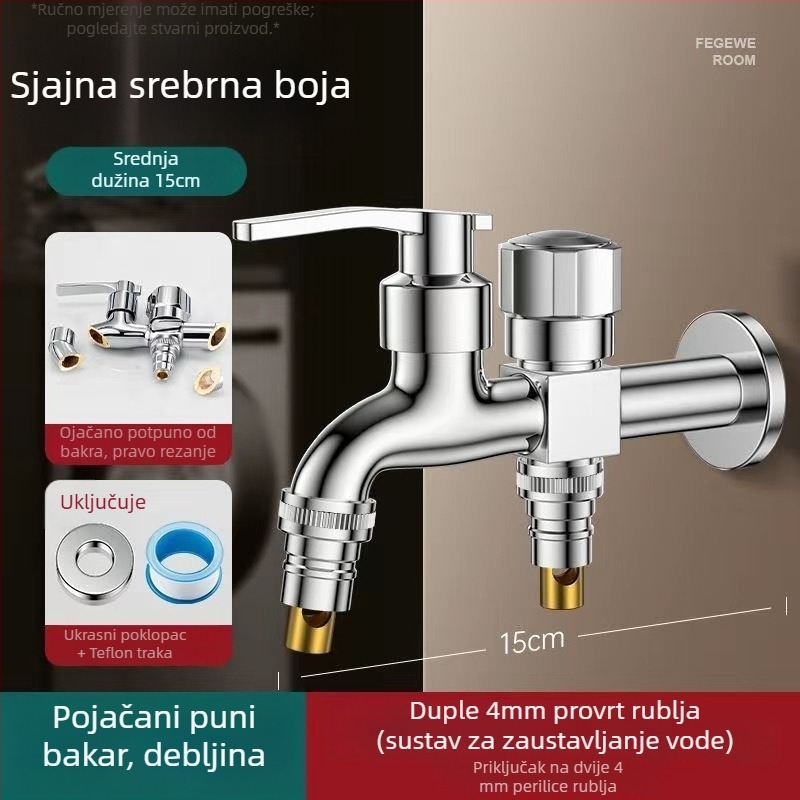 Slavina za perilicu s dvostrukim izlazom, bakarno-legura, keramički disk ventila, elektroplatirani završni sloj, montaža gumbom