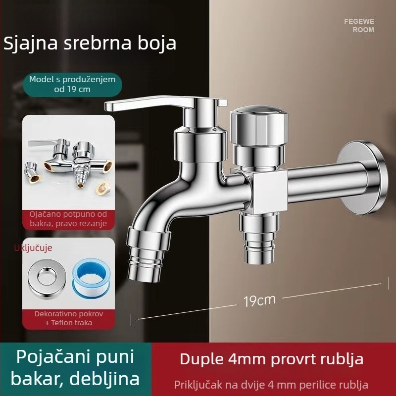 Slavina za perilicu s dvostrukim izlazom, bakarno-legura, keramički disk ventila, elektroplatirani završni sloj, montaža gumbom