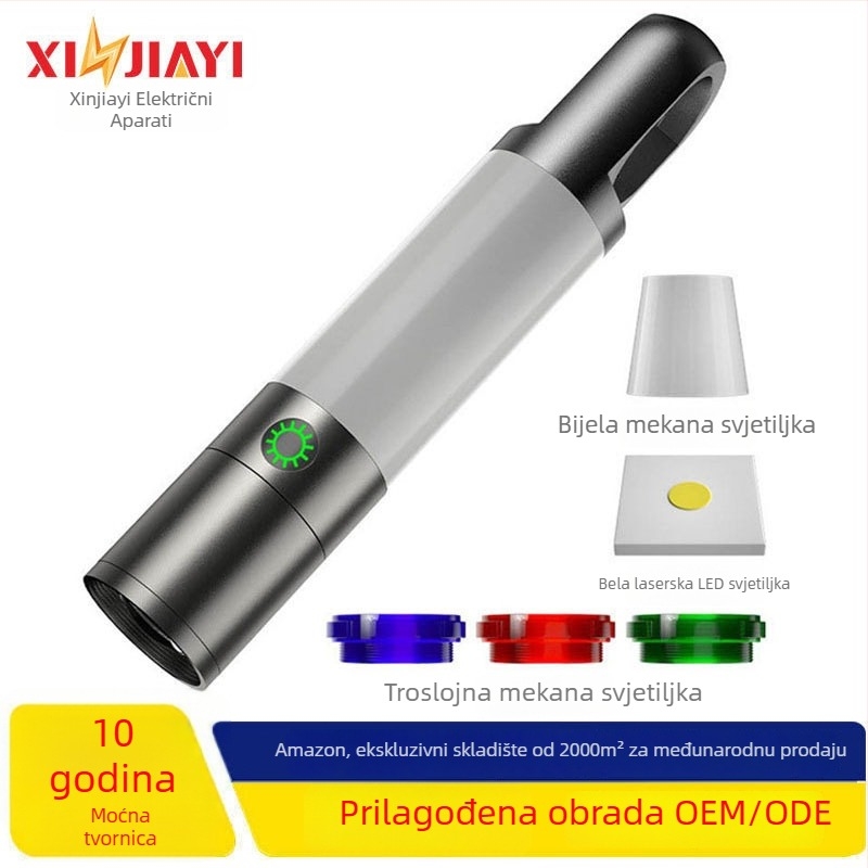 Xin Jiayi punjiva LED baterija za kampiranje s COB bočnim svjetlom — kućište od aluminijske legure, 1200 mAh baterija, domet >500 m, ručni pogon